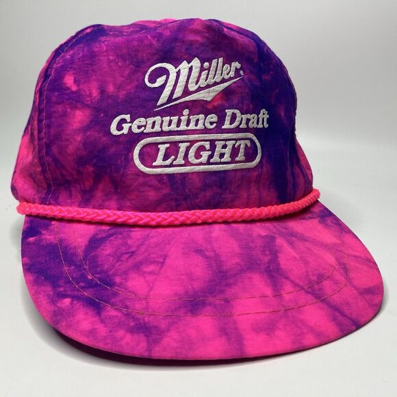 Vtg Miller Genuine Draft Light Beer Hat Cap Purple Pink  Tie Dye Snapback Rope - Picture 1 of 10